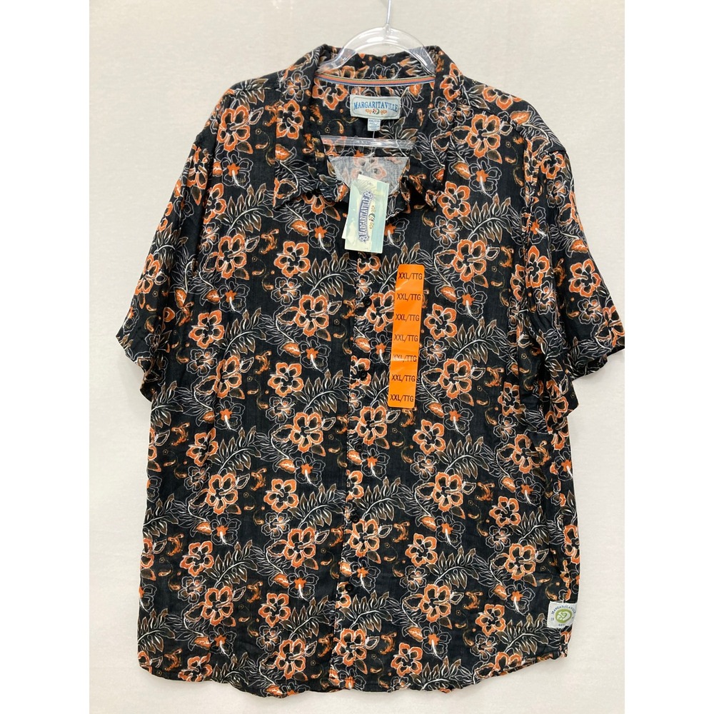 New Margaritaville Button Down Shirt XXL Black Orange Floral Tropical Hibiscus